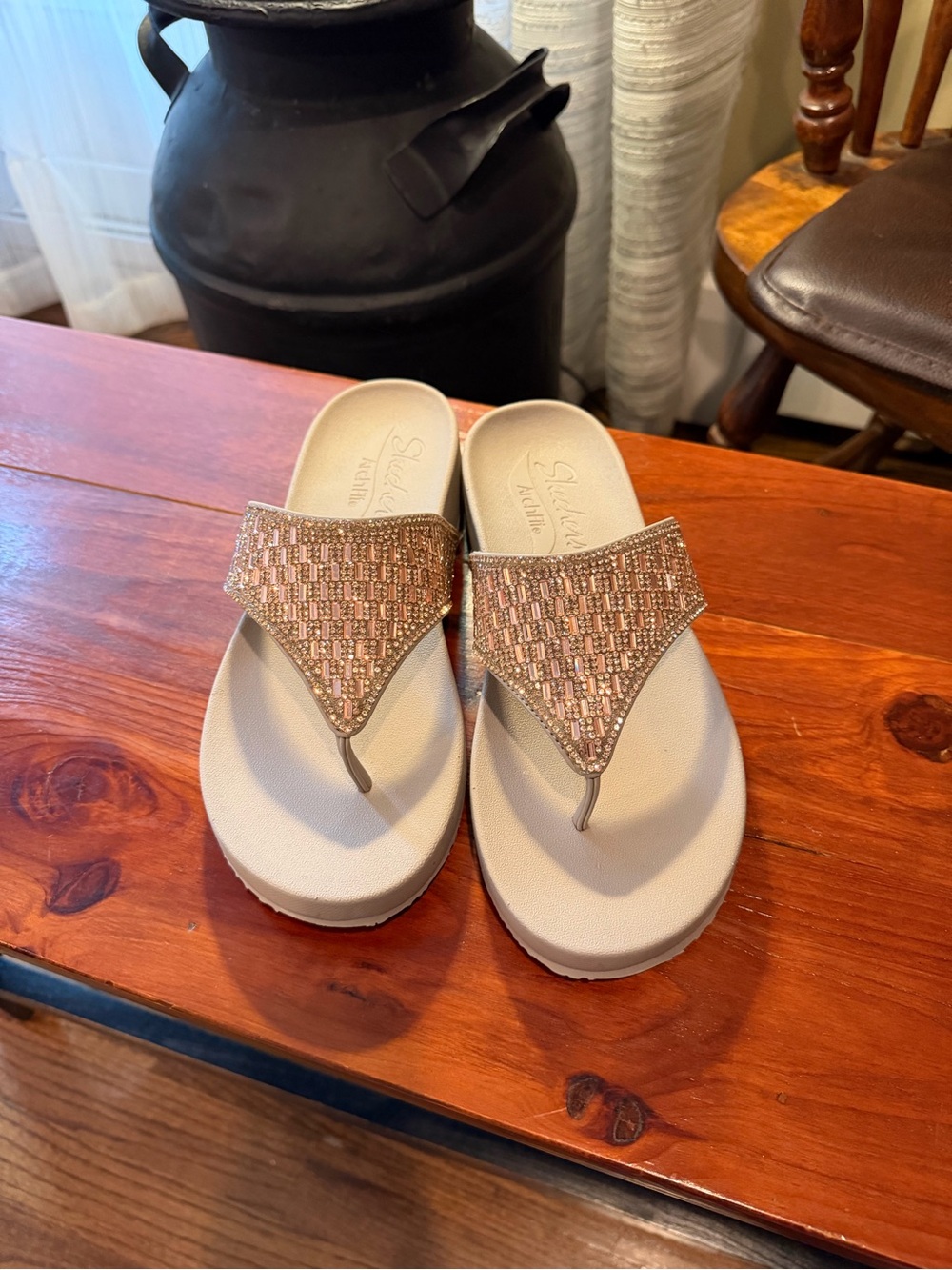 Skechers Women's Rose Gold Embellished Thong Sandals